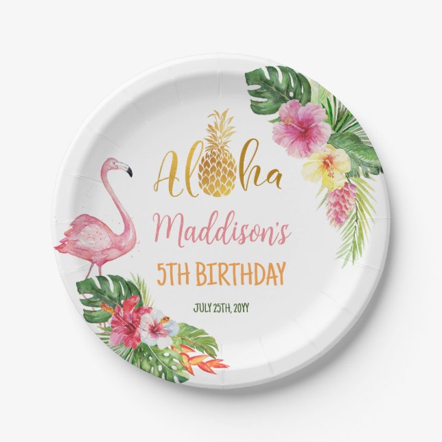 Plato De Papel Aloha Birthday Pineapple Tropical Floral Flamingo (Anverso)
