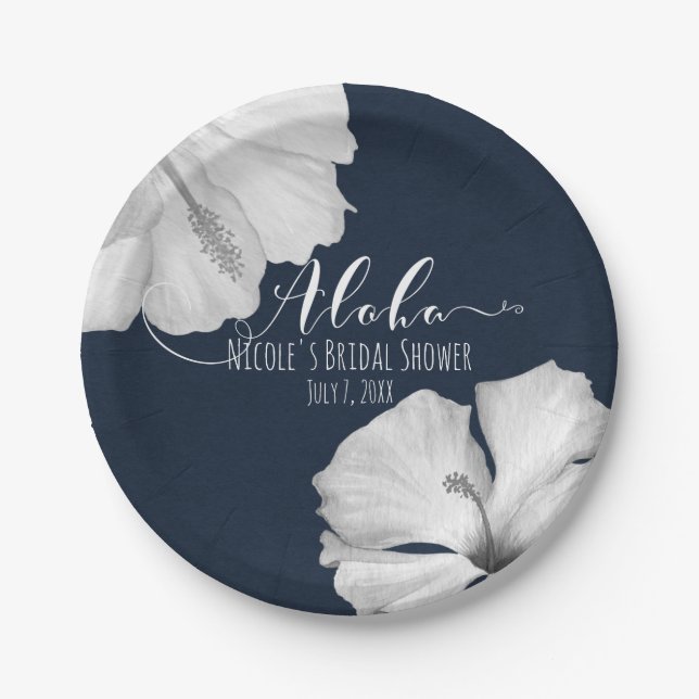 Plato De Papel Aloha, Boda Tropical Azul Hibiscus Blanco (Anverso)
