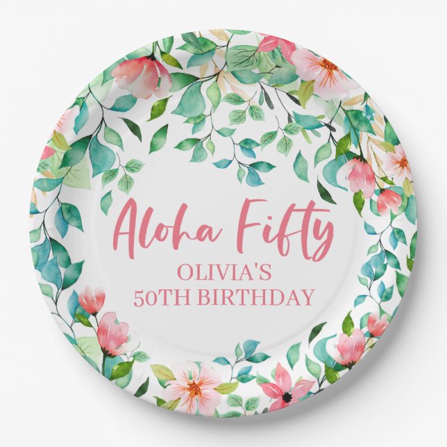 Plato De Papel Aloha Fifty Luau Tropical Cumpleaños 50 (Anverso)