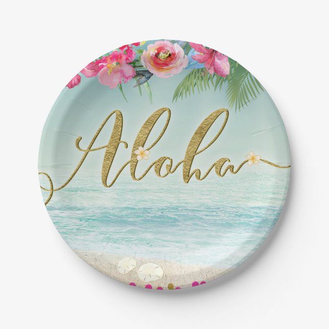 Plato De Papel ALOHA Gold Tropical Beach Hibiscus Floral (Anverso)