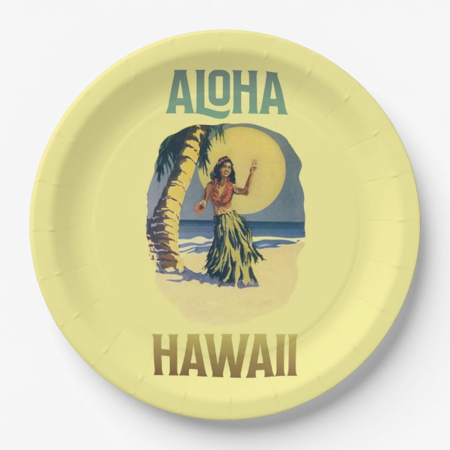 Plato De Papel Aloha Hawaii Vintage Hula Chica   (Anverso)