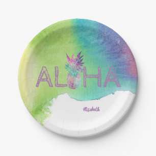 Plato De Papel Aloha Hawaiian Pineapple, Watercolor Splash