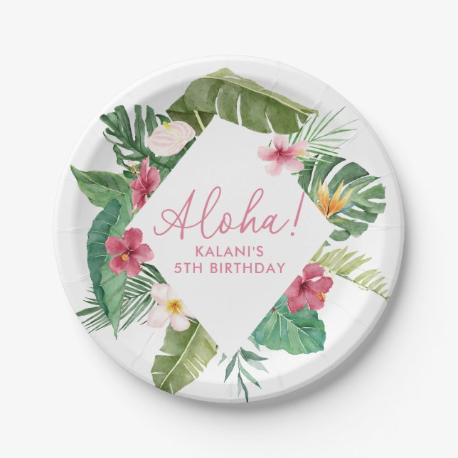 Plato De Papel Aloha Pink Tropical Floral Cumpleaños (Anverso)