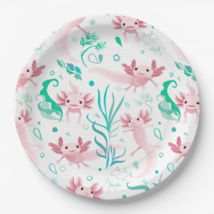 Plato De Papel Alotta Axolotts rosados en blanco