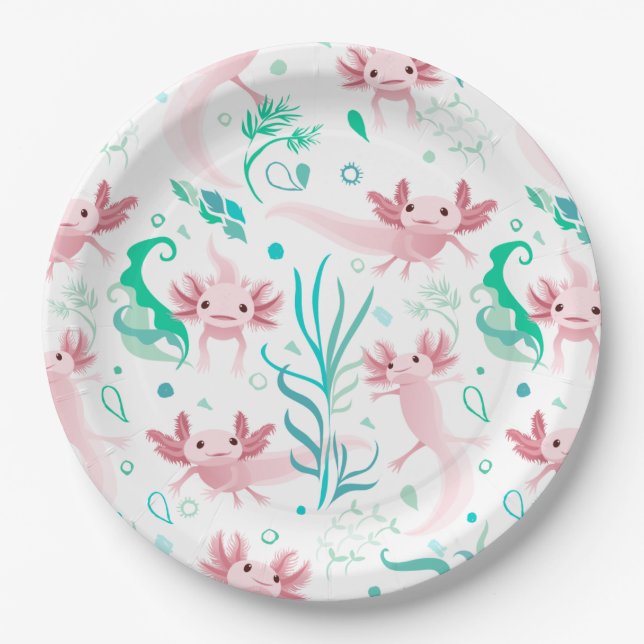Plato De Papel Alotta Axolotts rosados en blanco (Anverso)