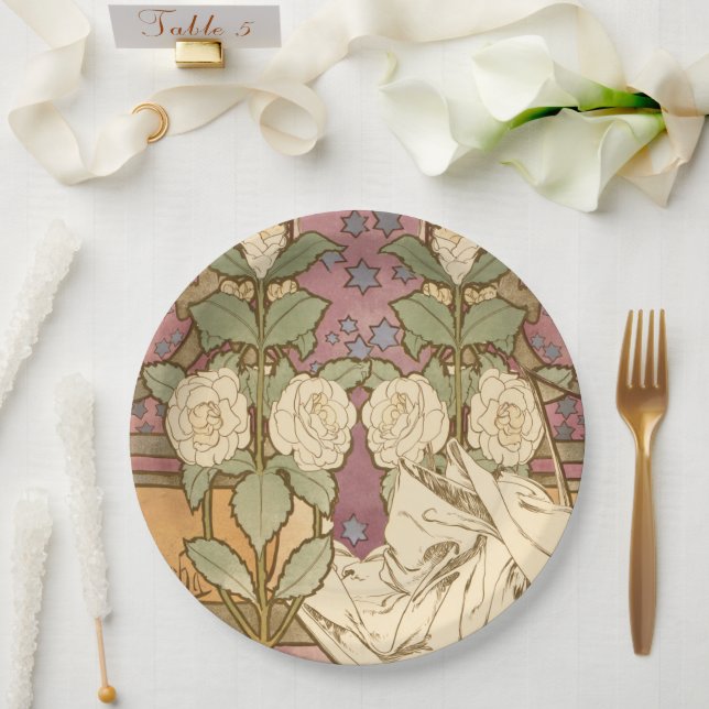 Plato De Papel Alphonse Mucha Elegant Art Nouveau Stars Camellia  (Boda)