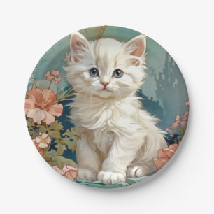 Plato De Papel Alphonse Mucha Estilo Gato Blanco