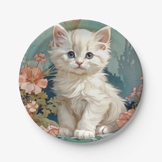 Plato De Papel Alphonse Mucha Estilo Gato Blanco (Anverso)