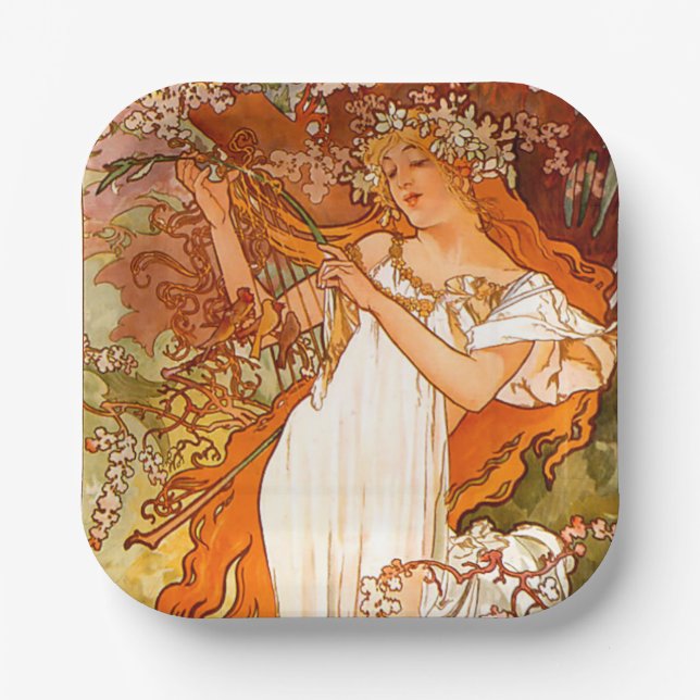 Plato De Papel Alphonse Mucha modernidad primavera (Anverso)