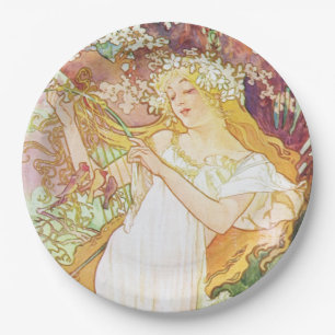Plato De Papel Alphonse Mucha Spring Floral Vintage Art Nouveau