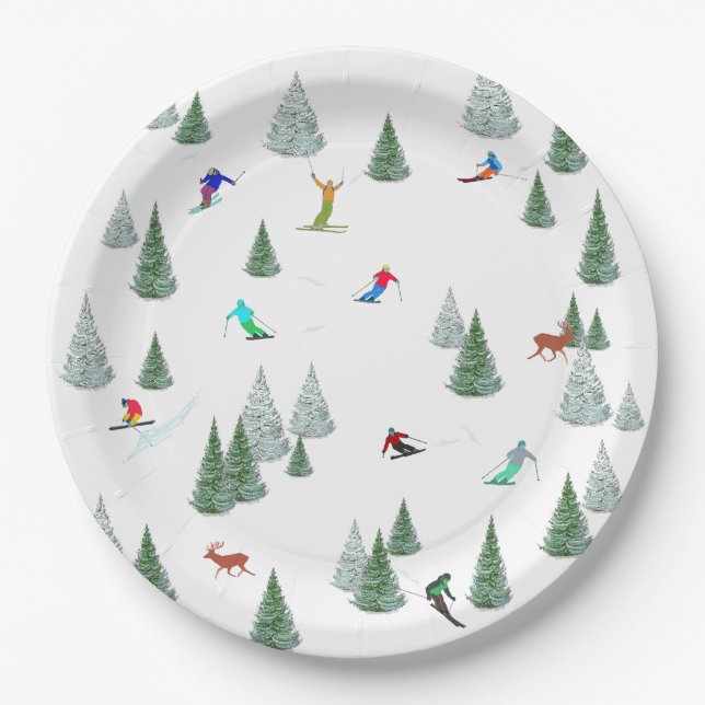 Plato De Papel Alpine Skiers Downhill Skiing Illustration  (Anverso)