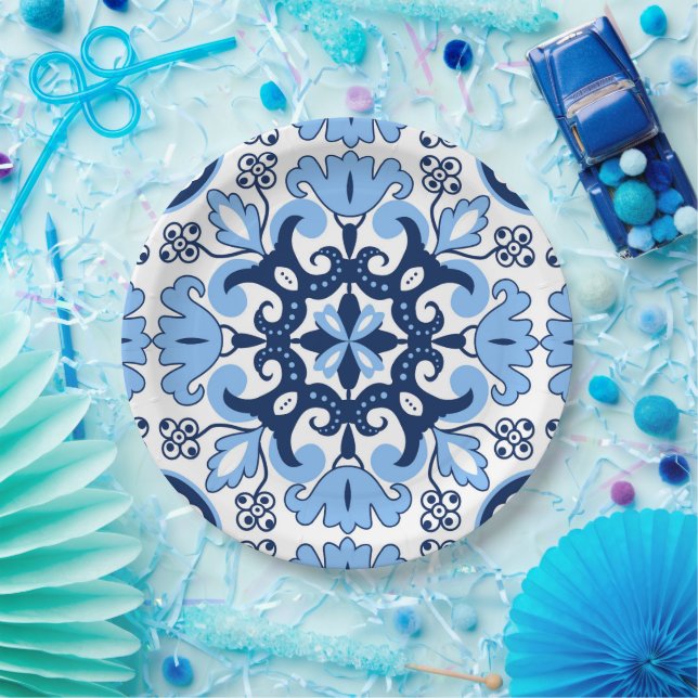 Plato De Papel 💙 Alucinantes Azulejos azules (Fiesta)