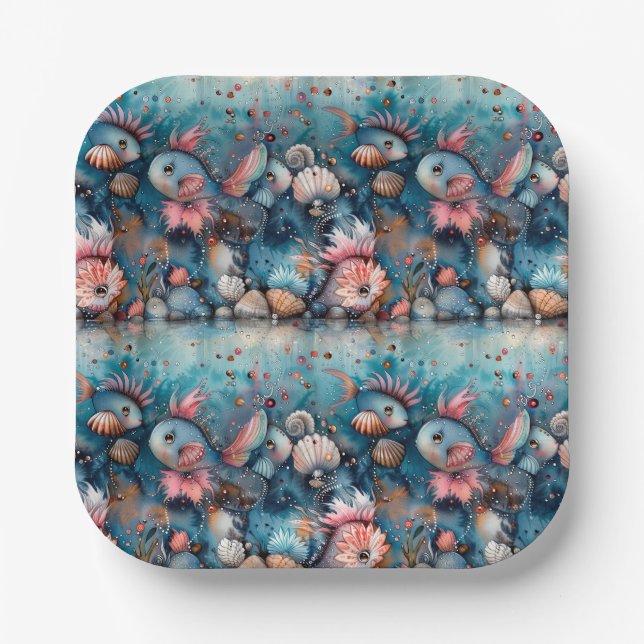 Plato De Papel Alumnos de peces divertidos del mar (Anverso)