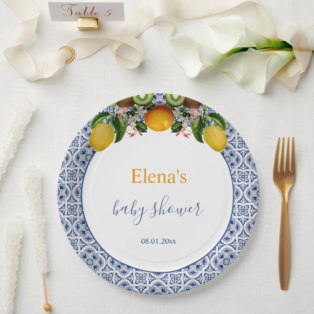 Plato De Papel Amalfi blanco y azul Lemons Italia Baby Shower (Boda)