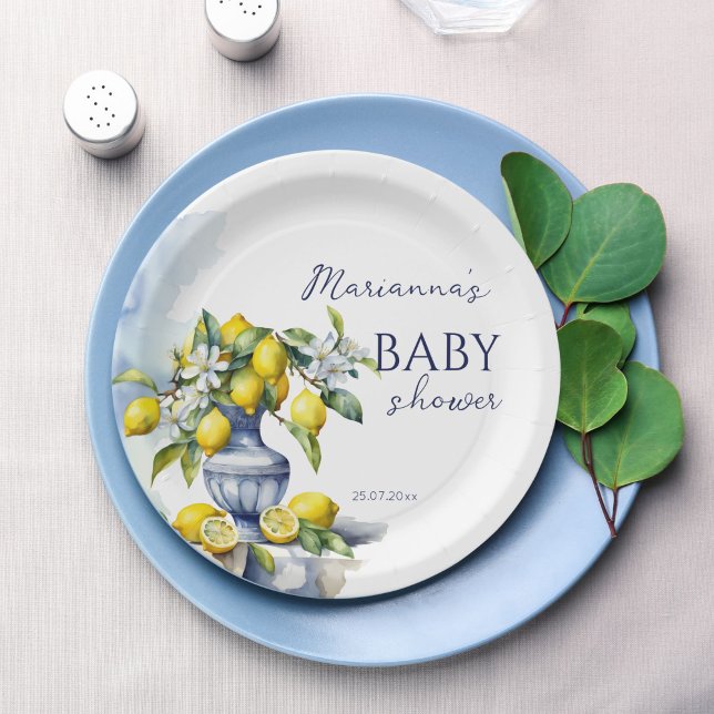 Plato De Papel Amalfi italiano jarrón azul limón bebé ducha impre (Amalfi Italian blue vase lemon baby shower monogram printed Paper Plates personalized table decor)