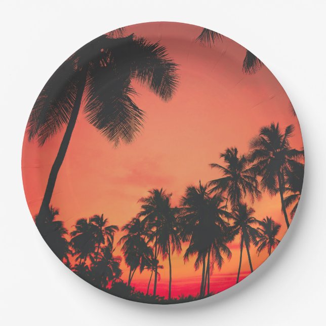 Plato De Papel Amanecer del árbol de palmas tropical (Anverso)