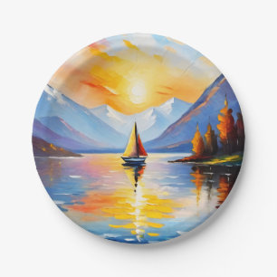 Plato De Papel Amanecer sobre un lago y montañas nevadas