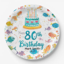 Plato De Papel Amante de la pesca Cumpleaños 80 Acuarela 