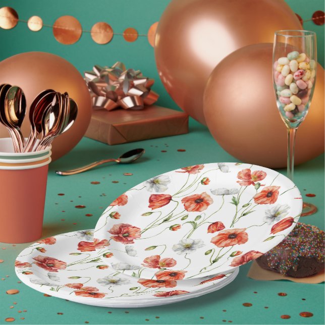 Plato De Papel Amapolas de pradera y flores silvestres blancas en (Multi)