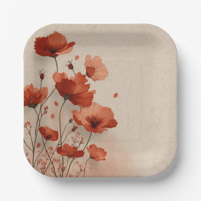 Plato De Papel Amapolas rojas.  (Anverso)