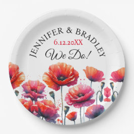 Plato De Papel Amapolas Rojas Floral Boda 