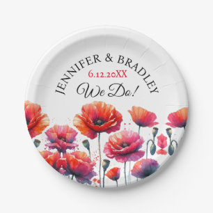 Plato De Papel Amapolas Rojas Florales Boda 