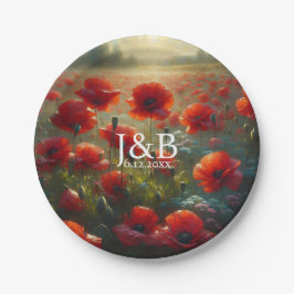 Plato De Papel Amapolas Rojas Florales Boda Personalizada