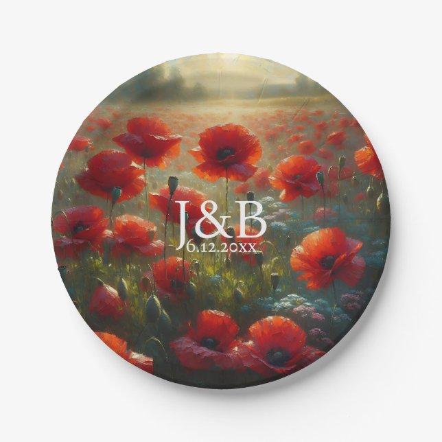 Plato De Papel Amapolas Rojas Florales Boda Personalizada (Anverso)