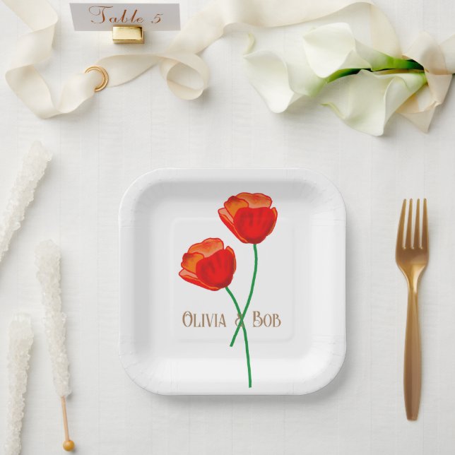 Plato De Papel Amapolas Rojas Personalizadas (Boda)