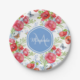 Plato De Papel Amapolas rojas preciosas con las mariposas azules