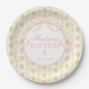 Plato De Papel Amarillo Antiguo Elegante Floral Bautizo