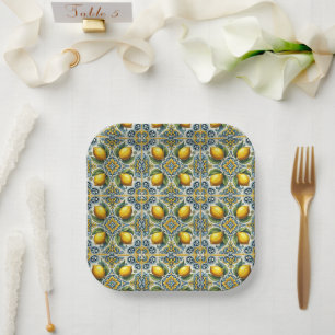 Plato De Papel Amarillo Azul Capri Limón Mediterráneo Baldosa Bod