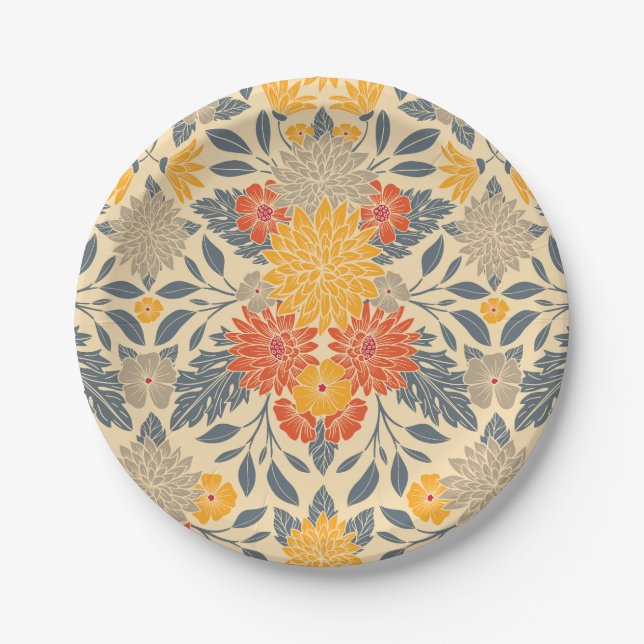 Plato De Papel Amarillo cálido, Naranja y floral azul (Anverso)
