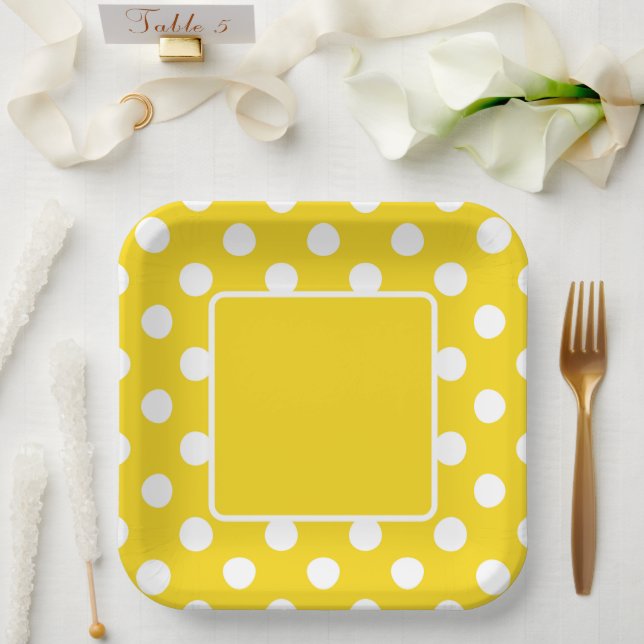 Plato De Papel Amarillo Con Lunares Blancos (Boda)