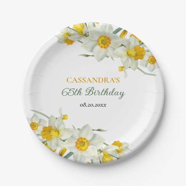 Plato De Papel Amarillo Daffodil Rustic Floral Cumpleaños (Anverso)