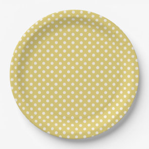 Plato De Papel Amarillo dorado pálido con patrón de punto blanco