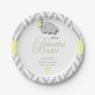 Plato De Papel Amarillo, elefante gris blanco Baby Shower