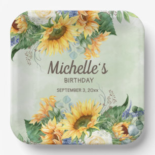 Plato De Papel Amarillo girasol Eucalipto Verde Cumpleaños
