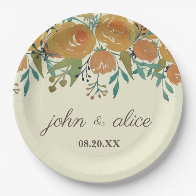 Plato De Papel Amarillo, Naranja Peonies y Rosas Boda (Anverso)