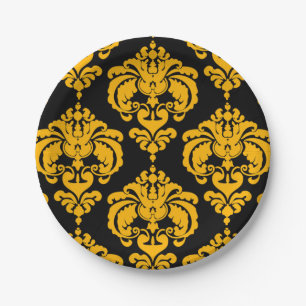 Plato De Papel Amarillo Negro Damasco Vintage Boda Evento Fiesta