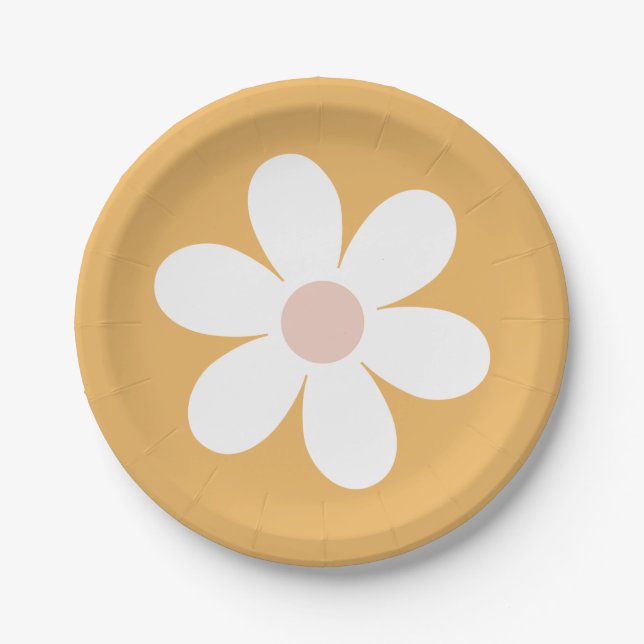 Plato de papel amarillo Retro Daisy Boho (Anverso)