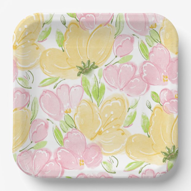 Plato De Papel Amarillo Rosado Floral (Anverso)