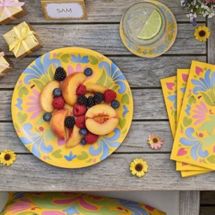 Plato De Papel Amarillo soleado y floral de verano azul