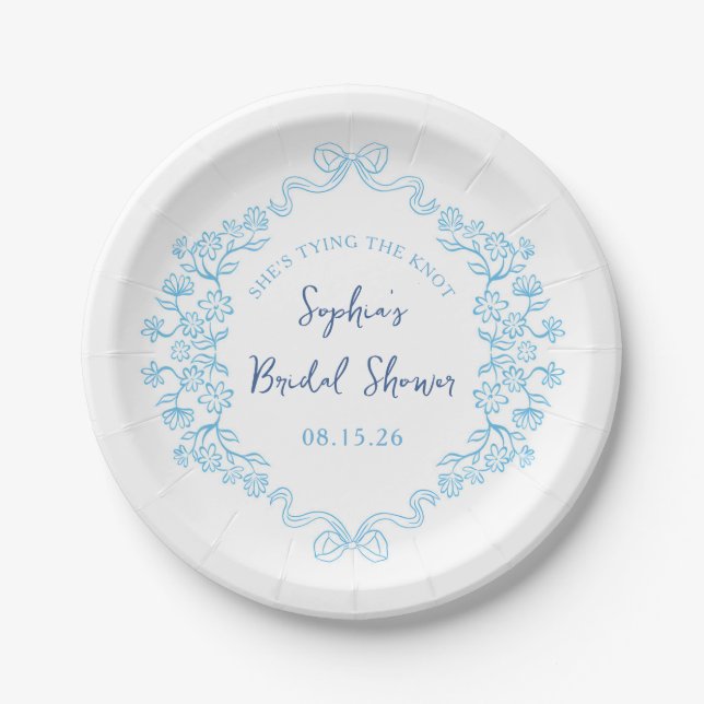 Plato De Papel "Amarra el nudo" Algo Azul Bow Ducha Bridal (Anverso)