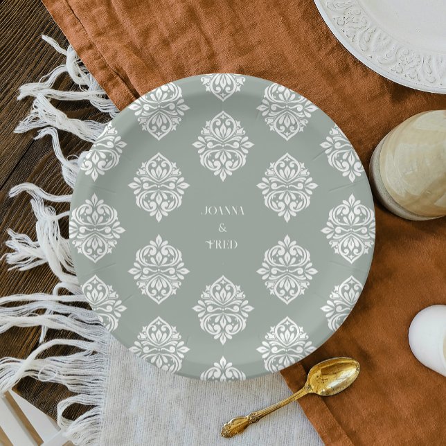 Plato De Papel Ambiente Damasco Pale Olive Elegant Wedding Plates (Subido por el creador)