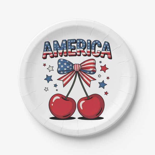 Plato De Papel American Coquette Bow Cherry Aesthetic USA Flag (Anverso)