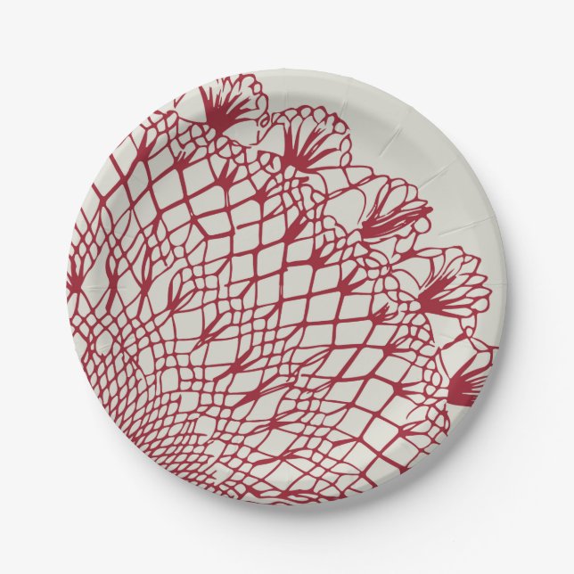 Plato De Papel American Doily & Lace, 10, Red on Cream (Anverso)