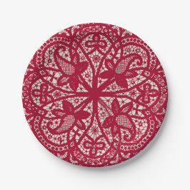Plato De Papel American Doily & Lace, 6, Red On Cream
