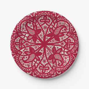 Plato De Papel American Doily & Lace, 6, Red On Cream