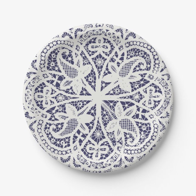 Plato De Papel American Doily & Lace, 8, Cream on Blue (Anverso)